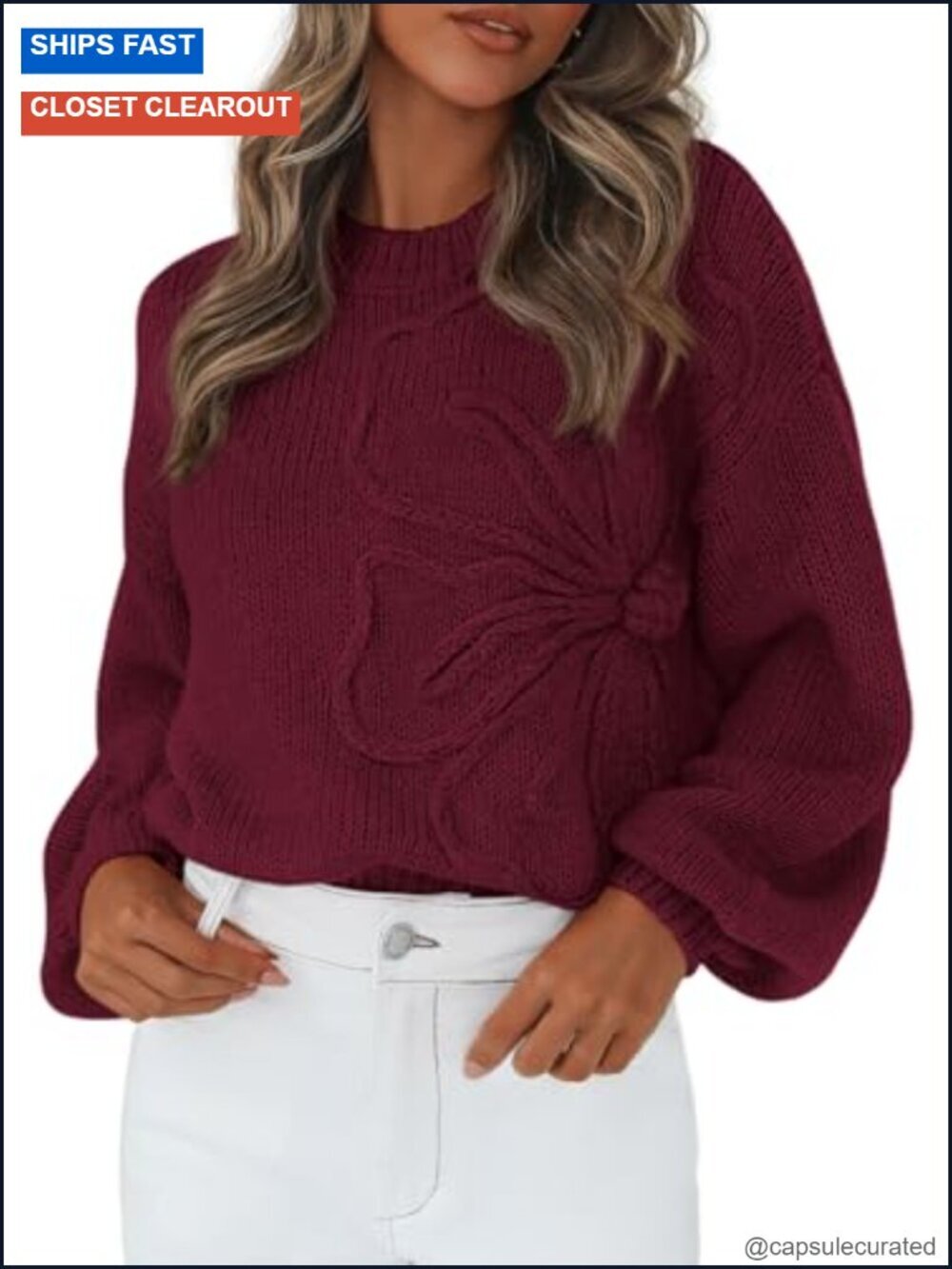 Oversized Floral Knit Pullover Sweater Long Lantern Sleeve Crew Neck Fall